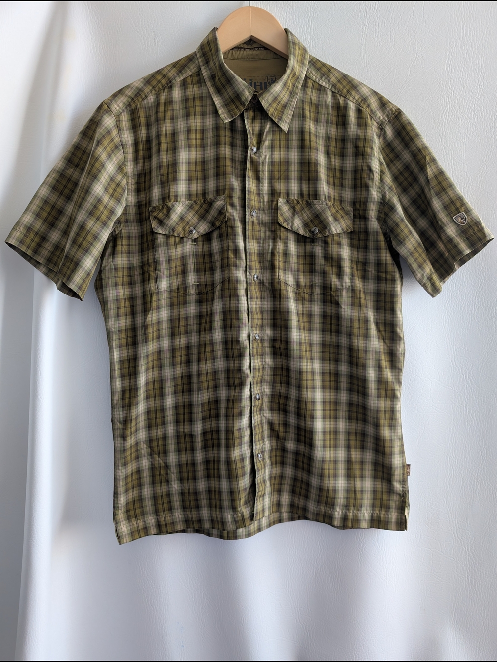 Kuhl Short-Sleeve Plaid Green Tan Brown Shirt with Snaps Outdoor Casual - M